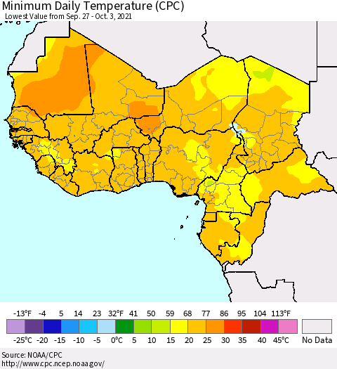 Western Africa Minimum Daily Temperature (CPC) Thematic Map For 9/27/2021 - 10/3/2021