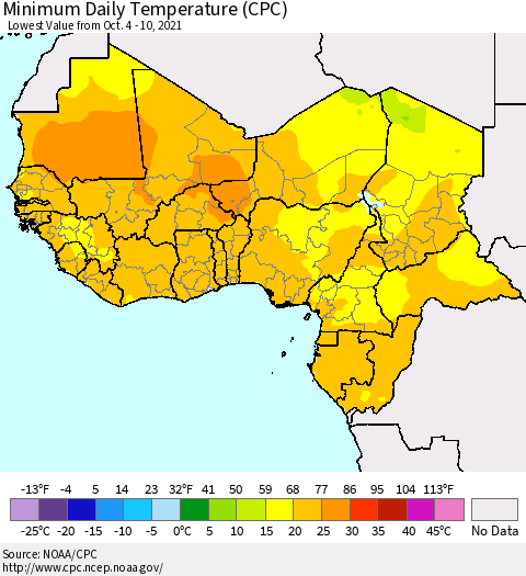 Western Africa Minimum Daily Temperature (CPC) Thematic Map For 10/4/2021 - 10/10/2021