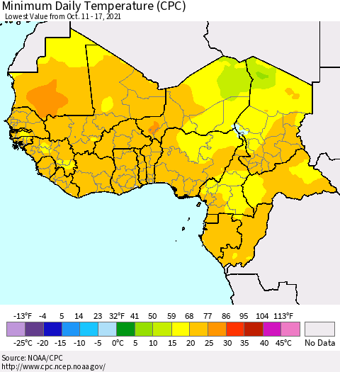 Western Africa Minimum Daily Temperature (CPC) Thematic Map For 10/11/2021 - 10/17/2021