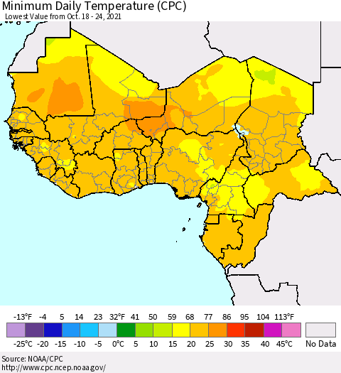 Western Africa Minimum Daily Temperature (CPC) Thematic Map For 10/18/2021 - 10/24/2021