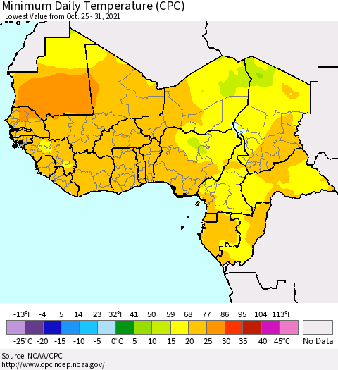 Western Africa Minimum Daily Temperature (CPC) Thematic Map For 10/25/2021 - 10/31/2021