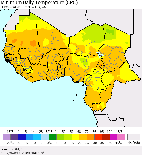 Western Africa Minimum Daily Temperature (CPC) Thematic Map For 11/1/2021 - 11/7/2021