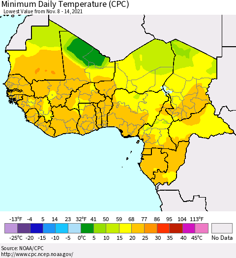 Western Africa Minimum Daily Temperature (CPC) Thematic Map For 11/8/2021 - 11/14/2021