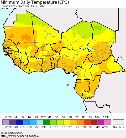 Western Africa Minimum Daily Temperature (CPC) Thematic Map For 11/15/2021 - 11/21/2021