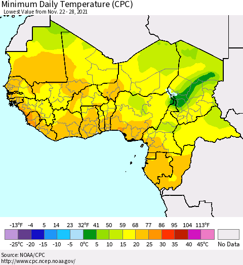 Western Africa Minimum Daily Temperature (CPC) Thematic Map For 11/22/2021 - 11/28/2021