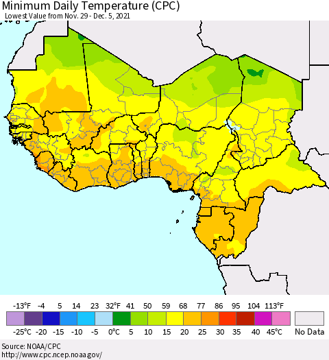 Western Africa Minimum Daily Temperature (CPC) Thematic Map For 11/29/2021 - 12/5/2021