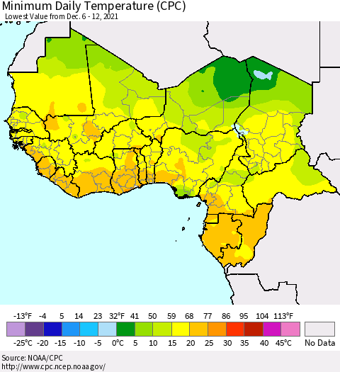 Western Africa Minimum Daily Temperature (CPC) Thematic Map For 12/6/2021 - 12/12/2021