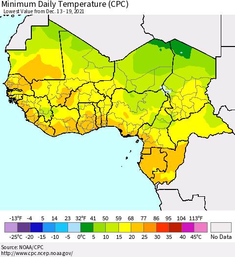 Western Africa Minimum Daily Temperature (CPC) Thematic Map For 12/13/2021 - 12/19/2021