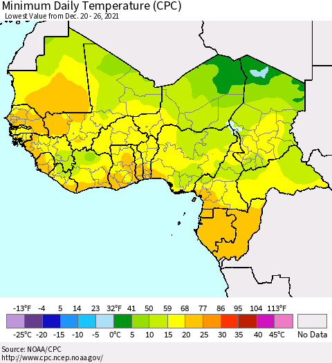 Western Africa Minimum Daily Temperature (CPC) Thematic Map For 12/20/2021 - 12/26/2021