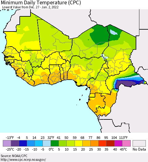 Western Africa Minimum Daily Temperature (CPC) Thematic Map For 12/27/2021 - 1/2/2022