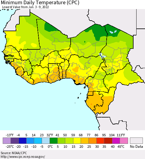 Western Africa Minimum Daily Temperature (CPC) Thematic Map For 1/3/2022 - 1/9/2022