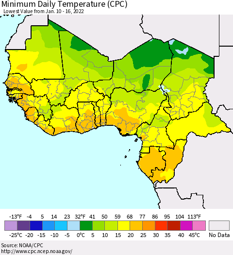 Western Africa Minimum Daily Temperature (CPC) Thematic Map For 1/10/2022 - 1/16/2022