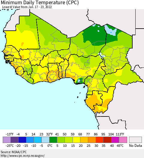Western Africa Minimum Daily Temperature (CPC) Thematic Map For 1/17/2022 - 1/23/2022