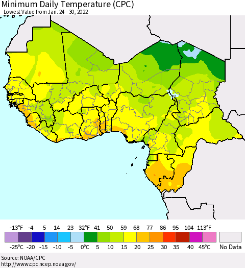 Western Africa Minimum Daily Temperature (CPC) Thematic Map For 1/24/2022 - 1/30/2022