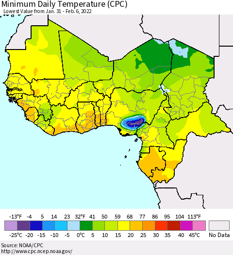 Western Africa Minimum Daily Temperature (CPC) Thematic Map For 1/31/2022 - 2/6/2022