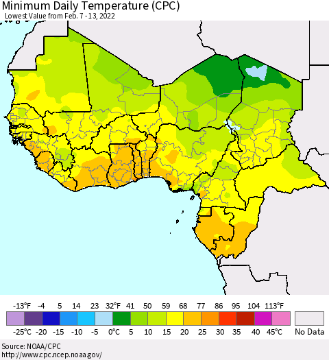 Western Africa Minimum Daily Temperature (CPC) Thematic Map For 2/7/2022 - 2/13/2022