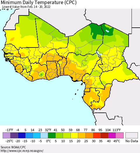 Western Africa Minimum Daily Temperature (CPC) Thematic Map For 2/14/2022 - 2/20/2022