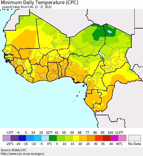 Western Africa Minimum Daily Temperature (CPC) Thematic Map For 2/21/2022 - 2/27/2022