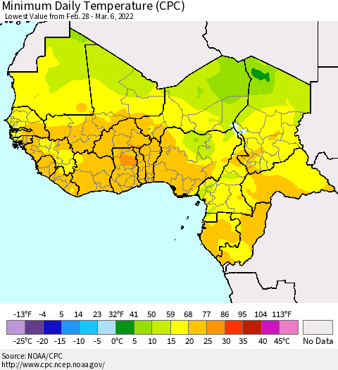 Western Africa Minimum Daily Temperature (CPC) Thematic Map For 2/28/2022 - 3/6/2022