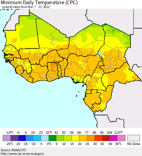 Western Africa Minimum Daily Temperature (CPC) Thematic Map For 3/7/2022 - 3/13/2022