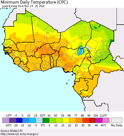 Western Africa Minimum Daily Temperature (CPC) Thematic Map For 3/14/2022 - 3/20/2022