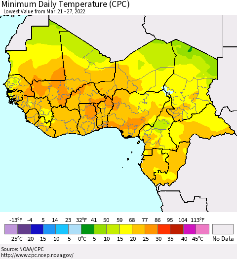 Western Africa Minimum Daily Temperature (CPC) Thematic Map For 3/21/2022 - 3/27/2022