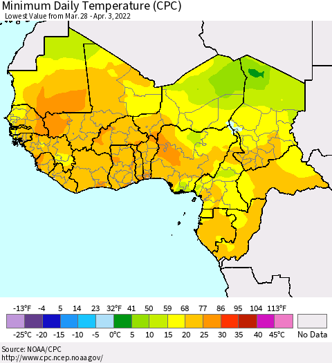 Western Africa Minimum Daily Temperature (CPC) Thematic Map For 3/28/2022 - 4/3/2022