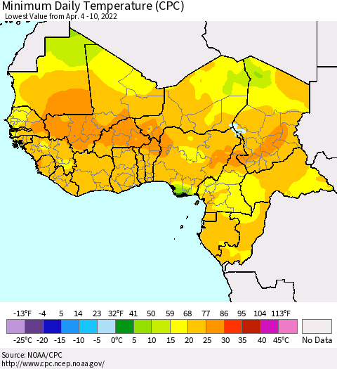 Western Africa Minimum Daily Temperature (CPC) Thematic Map For 4/4/2022 - 4/10/2022