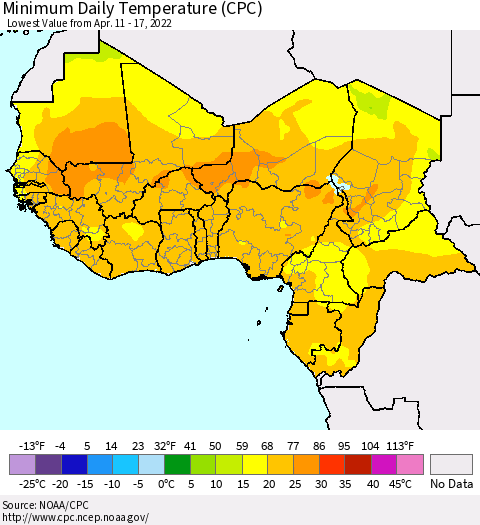 Western Africa Minimum Daily Temperature (CPC) Thematic Map For 4/11/2022 - 4/17/2022