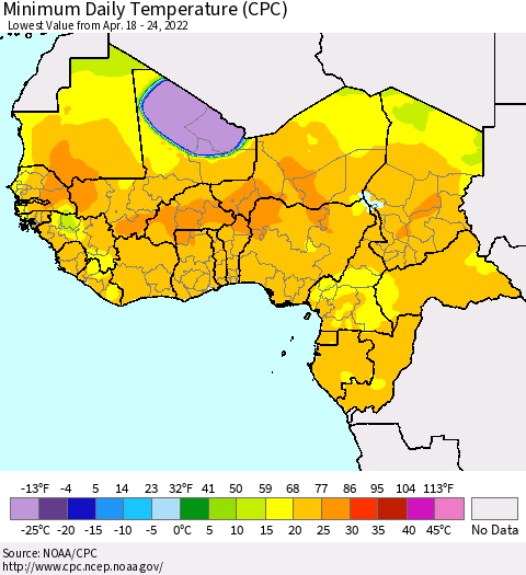 Western Africa Minimum Daily Temperature (CPC) Thematic Map For 4/18/2022 - 4/24/2022