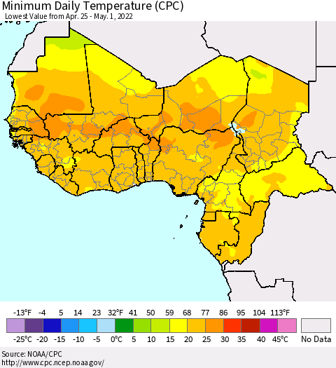 Western Africa Minimum Daily Temperature (CPC) Thematic Map For 4/25/2022 - 5/1/2022