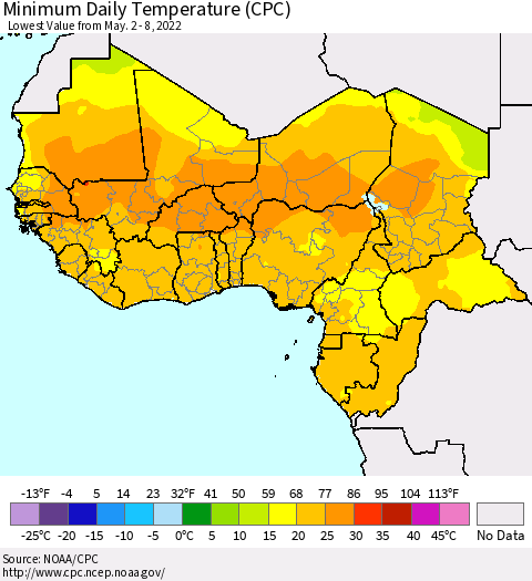 Western Africa Minimum Daily Temperature (CPC) Thematic Map For 5/2/2022 - 5/8/2022