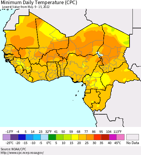 Western Africa Minimum Daily Temperature (CPC) Thematic Map For 5/9/2022 - 5/15/2022
