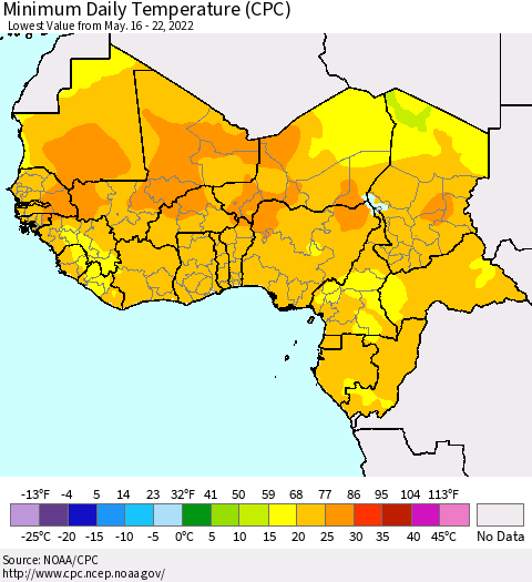 Western Africa Minimum Daily Temperature (CPC) Thematic Map For 5/16/2022 - 5/22/2022