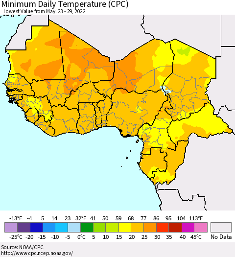 Western Africa Minimum Daily Temperature (CPC) Thematic Map For 5/23/2022 - 5/29/2022