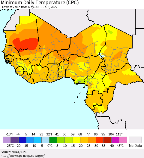 Western Africa Minimum Daily Temperature (CPC) Thematic Map For 5/30/2022 - 6/5/2022