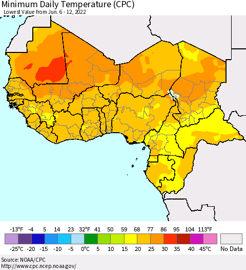 Western Africa Minimum Daily Temperature (CPC) Thematic Map For 6/6/2022 - 6/12/2022