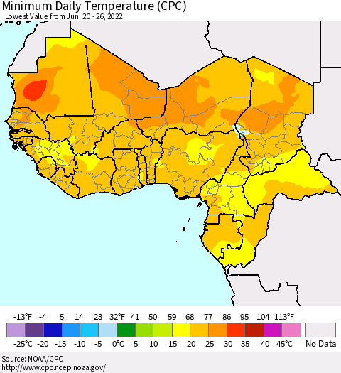 Western Africa Minimum Daily Temperature (CPC) Thematic Map For 6/20/2022 - 6/26/2022