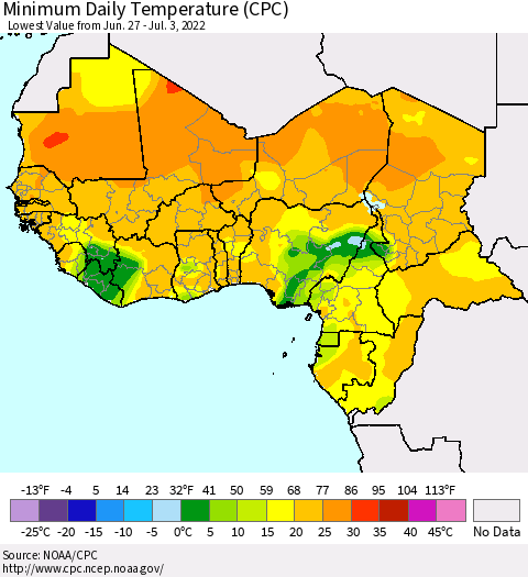 Western Africa Minimum Daily Temperature (CPC) Thematic Map For 6/27/2022 - 7/3/2022