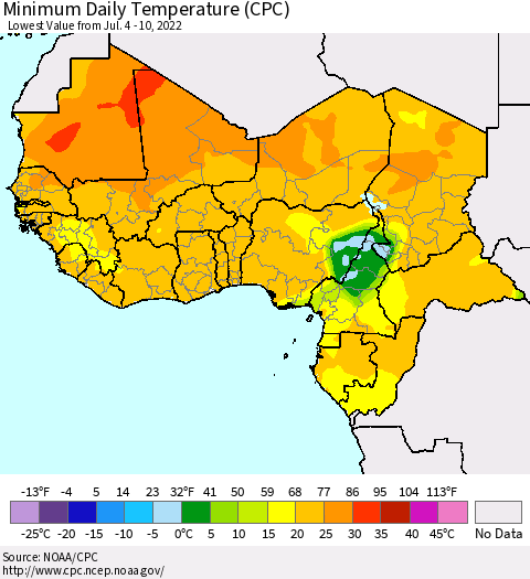 Western Africa Minimum Daily Temperature (CPC) Thematic Map For 7/4/2022 - 7/10/2022