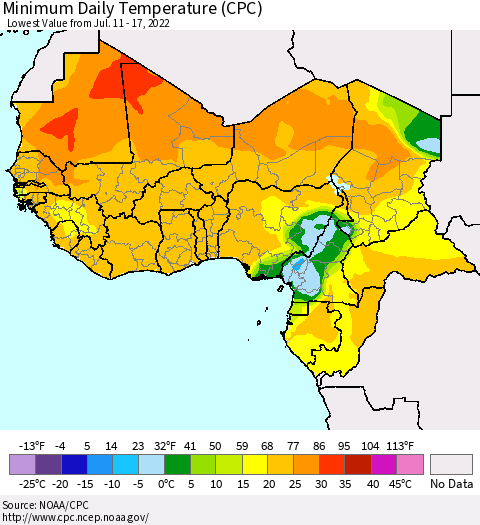 Western Africa Minimum Daily Temperature (CPC) Thematic Map For 7/11/2022 - 7/17/2022