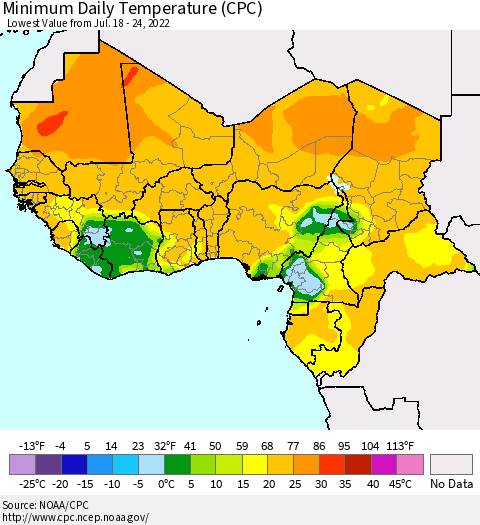 Western Africa Minimum Daily Temperature (CPC) Thematic Map For 7/18/2022 - 7/24/2022