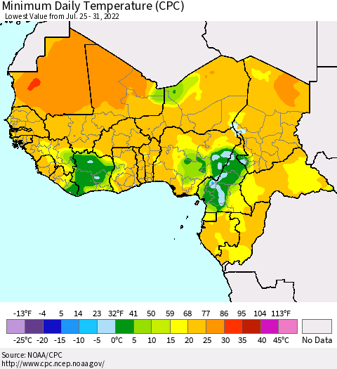 Western Africa Minimum Daily Temperature (CPC) Thematic Map For 7/25/2022 - 7/31/2022