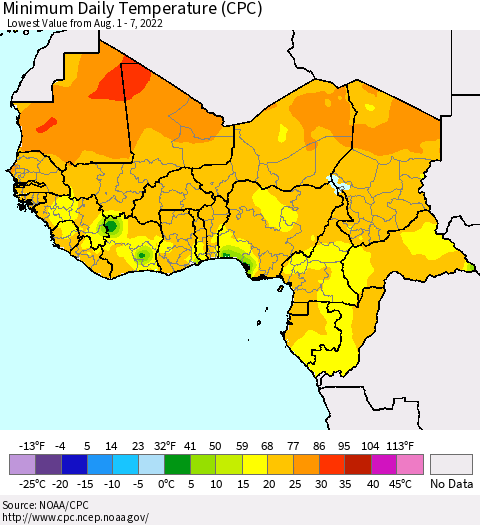 Western Africa Minimum Daily Temperature (CPC) Thematic Map For 8/1/2022 - 8/7/2022