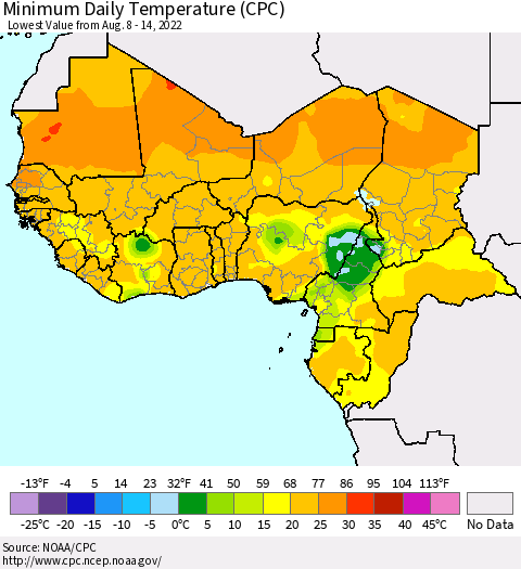Western Africa Minimum Daily Temperature (CPC) Thematic Map For 8/8/2022 - 8/14/2022