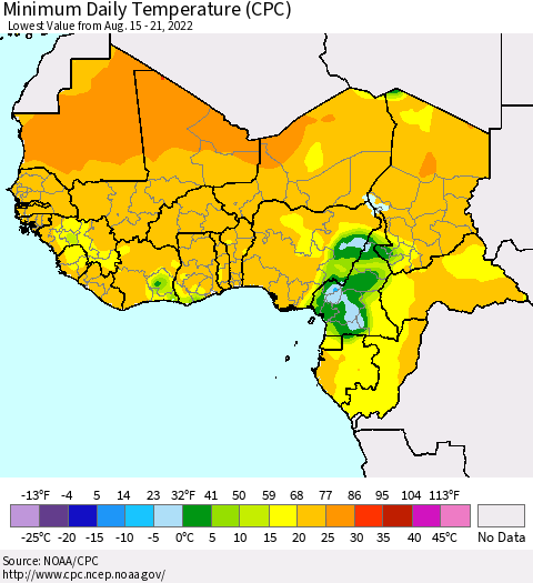 Western Africa Minimum Daily Temperature (CPC) Thematic Map For 8/15/2022 - 8/21/2022