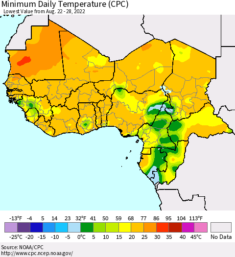 Western Africa Minimum Daily Temperature (CPC) Thematic Map For 8/22/2022 - 8/28/2022