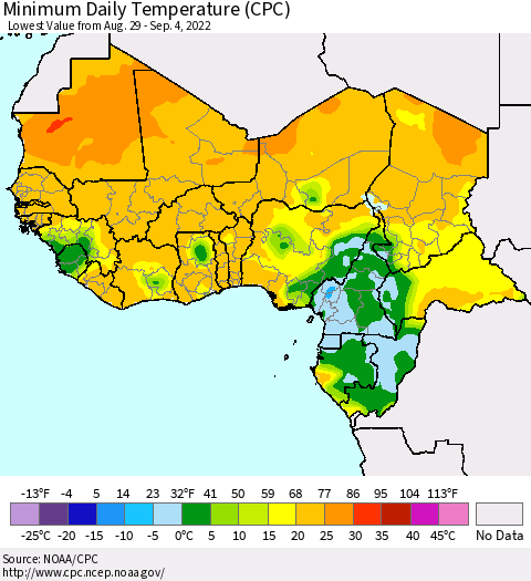 Western Africa Minimum Daily Temperature (CPC) Thematic Map For 8/29/2022 - 9/4/2022