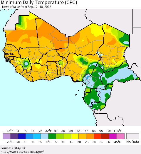 Western Africa Minimum Daily Temperature (CPC) Thematic Map For 9/12/2022 - 9/18/2022