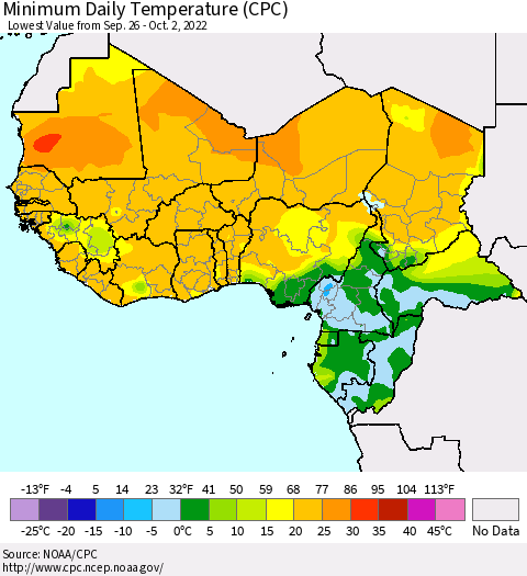Western Africa Minimum Daily Temperature (CPC) Thematic Map For 9/26/2022 - 10/2/2022